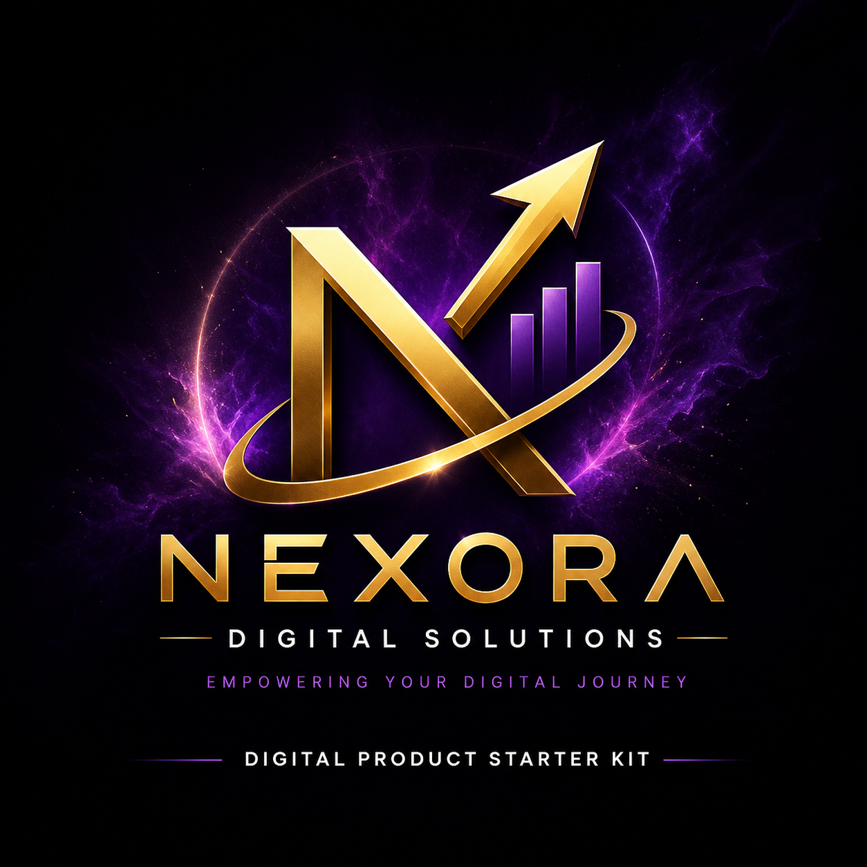 Nexora Digital Solutions logo with a gold and purple design on a black background