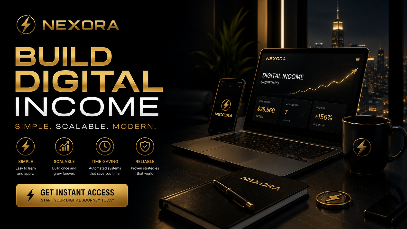 Nexora digital income platform setup with laptop, phone, and coffee cup on a dark surface with cityscape background.