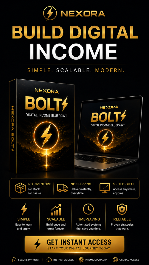 Promotional image for Nexora Bolt digital income blueprint with branding and features highlighted.