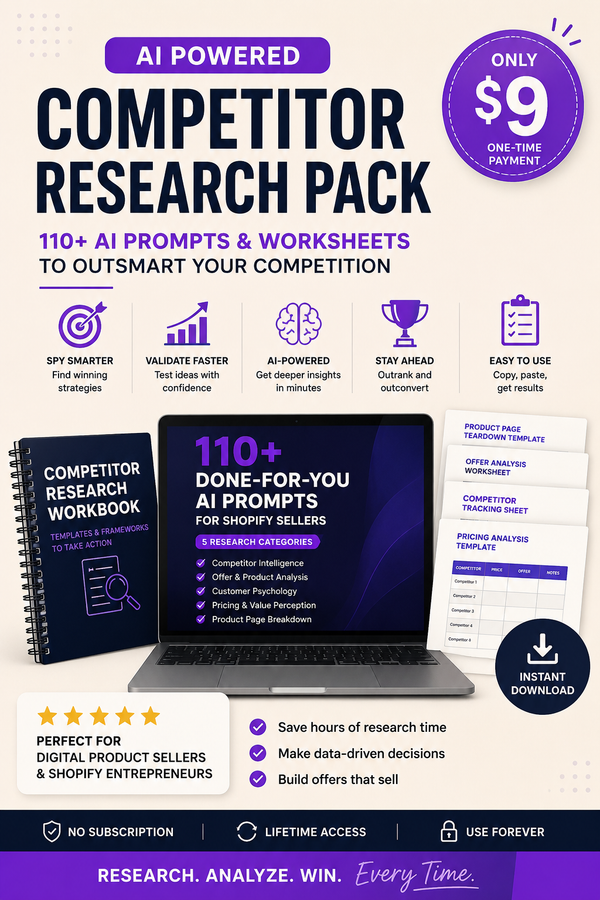 Promotional graphic for AI-powered competitor research pack with laptop, workbook, and worksheets.