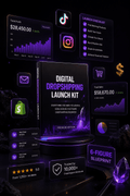 Digital product mockup for a 'Digital Dropshipping Launch Kit' shown on a glowing pedestal with floating app-style dashboard panels around it on a black background.