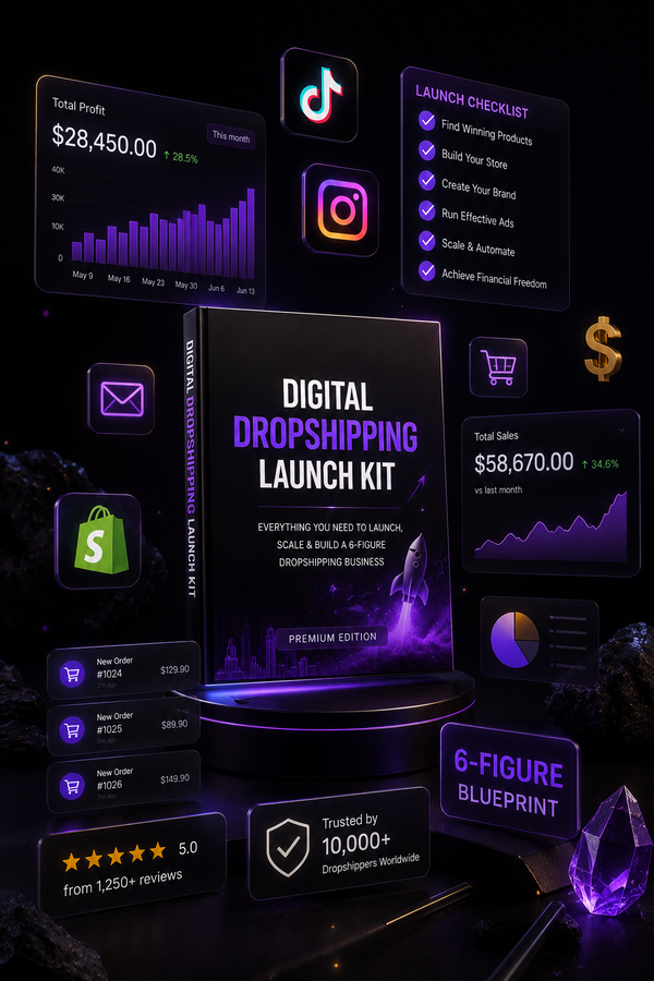 Digital product mockup for a 'Digital Dropshipping Launch Kit' shown on a glowing pedestal with floating app-style dashboard panels around it on a black background.